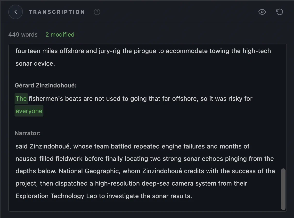Automatic, editable transcription — Planetanium screenshot