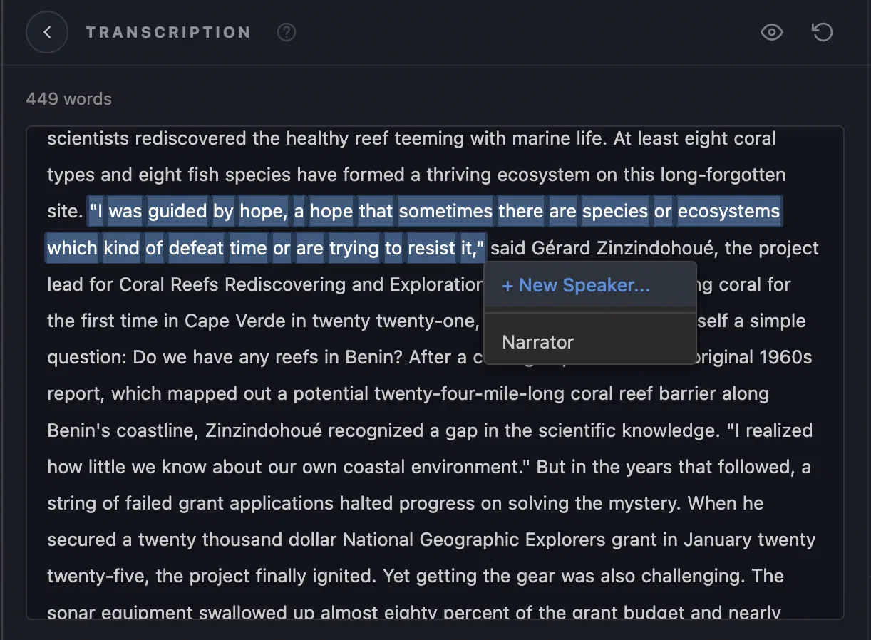 Automatic, editable transcription — Planetanium screenshot